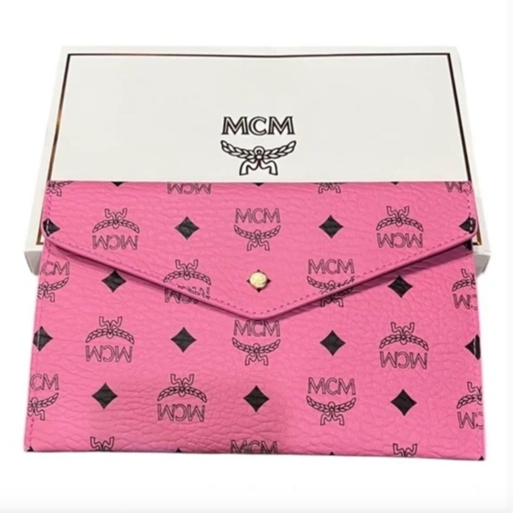 MCM Visetos Leather Envelope Clutch Pink